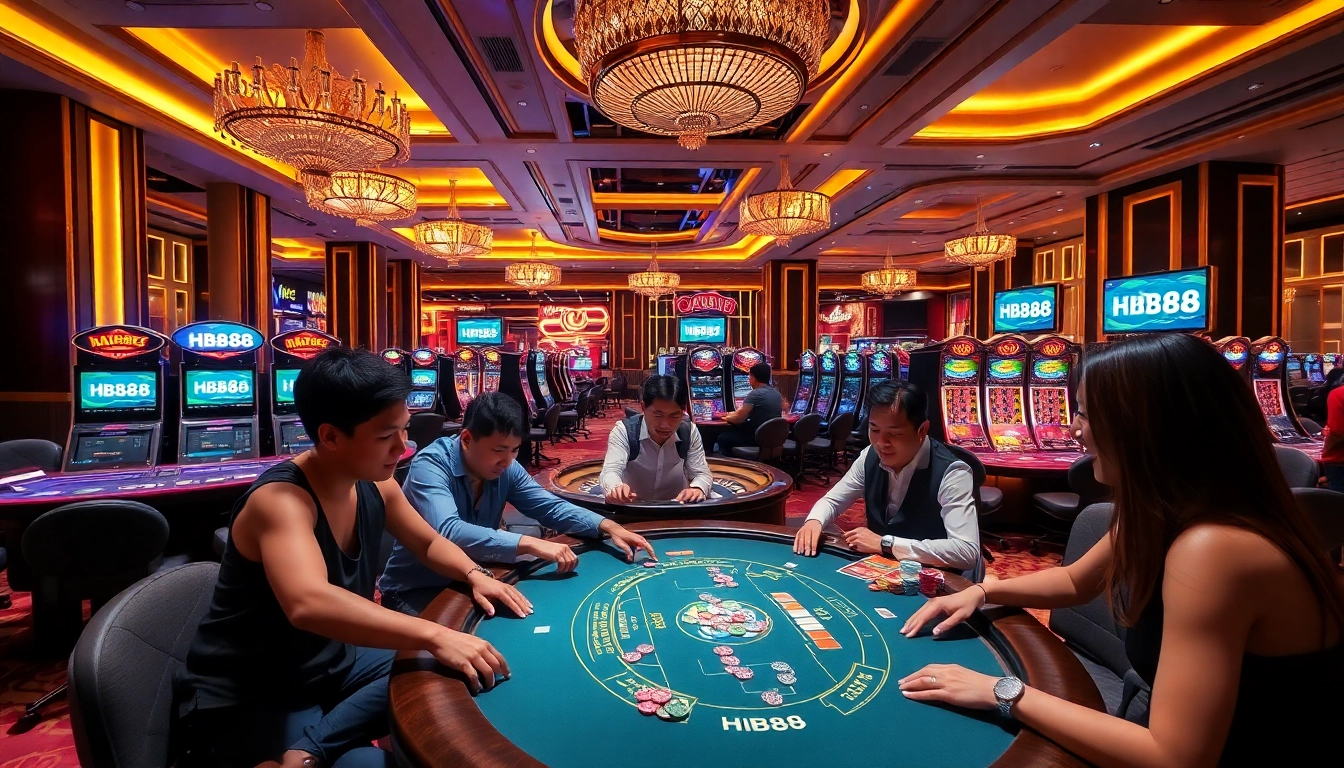 Experience exciting gambling at HB88 with vibrant tables and lively players in a luxurious setting.