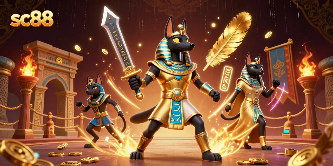 Experience the thrill of sc88 casino gaming with Anubis and Bastet in a vibrant Egyptian setting.