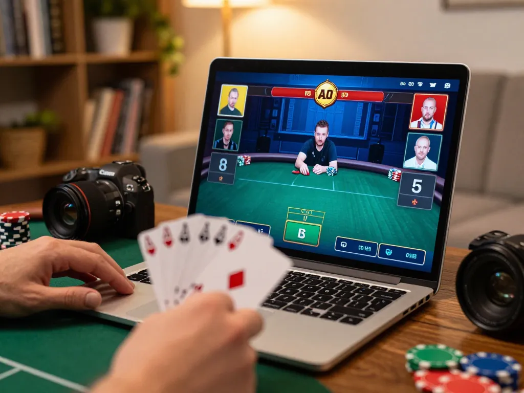 Engaged player analyzing cards during SC88 online poker game in a cozy home setting