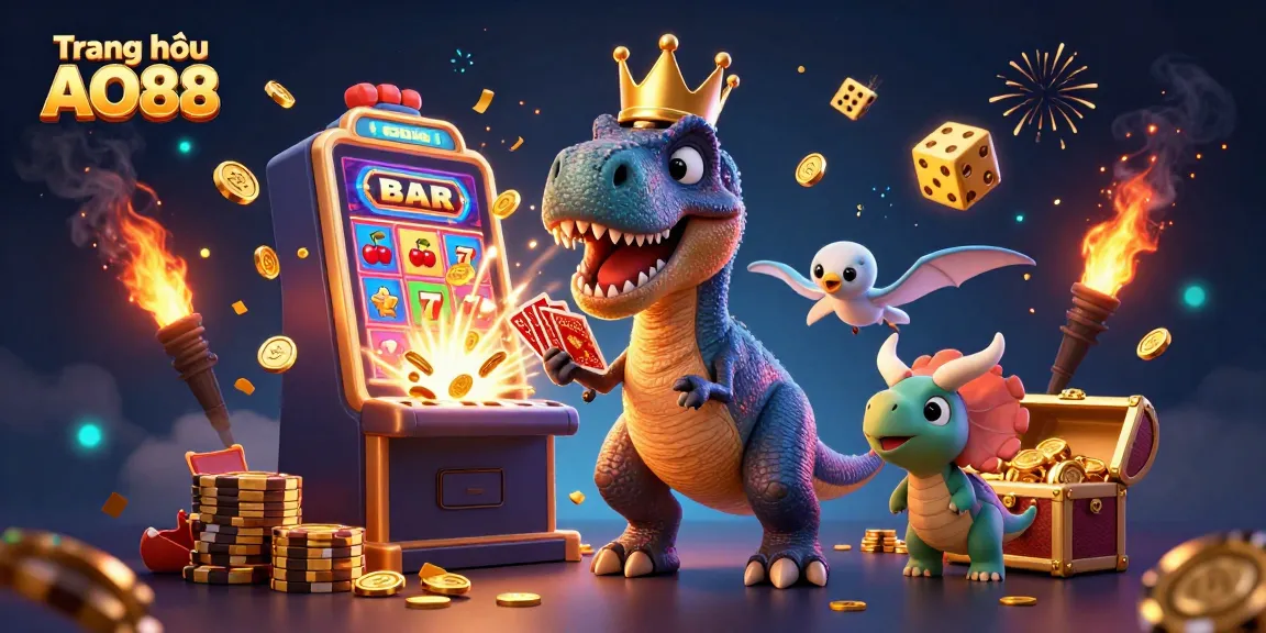 Experience thrilling action at Trang chủ AO88 with cartoon dinosaurs amidst vibrant casino elements.