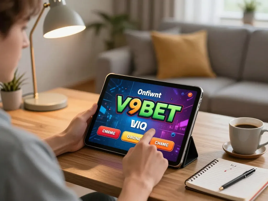 Engaged player using V9BET app on tablet in a cozy home setting with strategic notes.