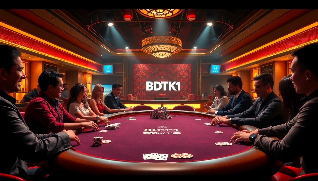 Players engaging in a high-stakes poker game at a luxurious casino featuring BDTK1 branding.