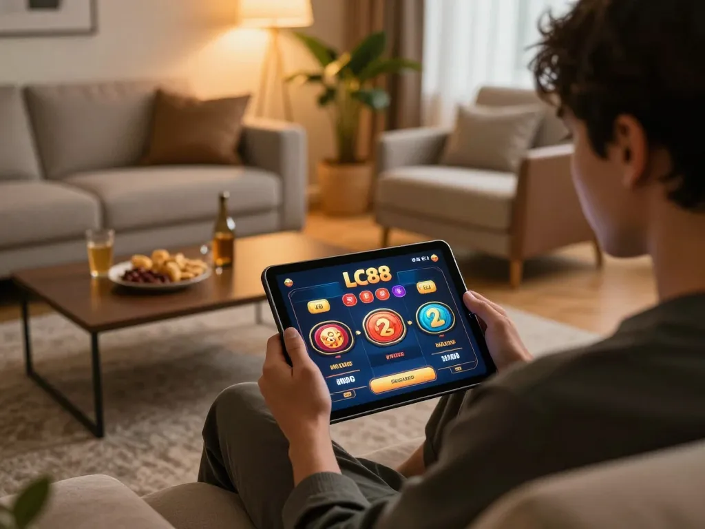 Engaged player exploring LC88 online gaming features on tablet, showcasing immersive casino experience
