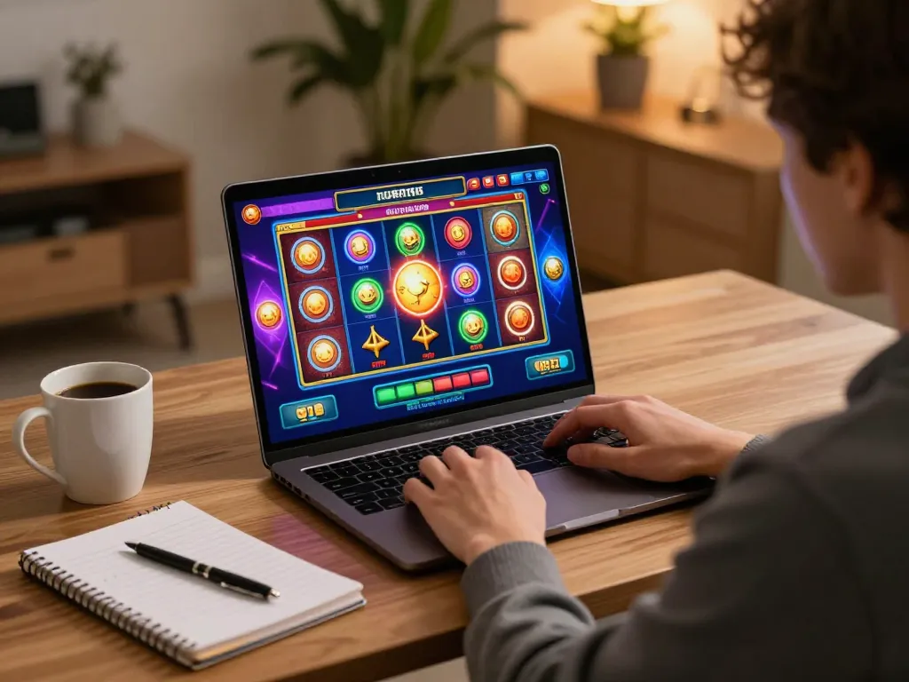 Player engaging with fabet online slots on a laptop, highlights vibrant gaming interface and strategic approach.