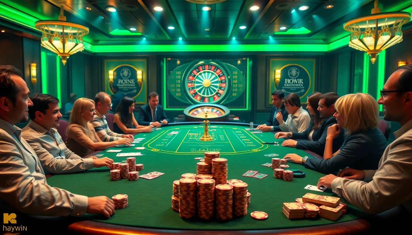 haywin gamers celebrating a big win at a luxurious casino poker table