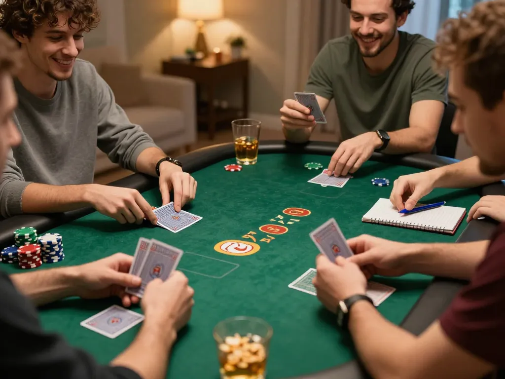 Players enjoy SC88 poker night with vibrant chips and strategic gameplay in a cozy setting.
