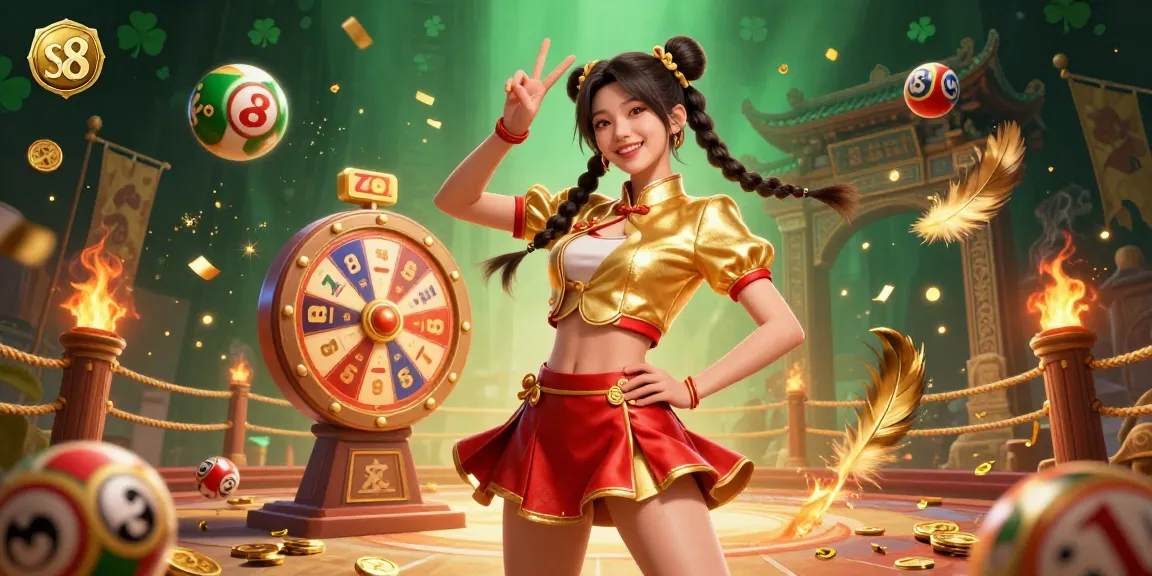 Engage with vibrant s8 casino experiences, featuring an energetic Asian woman amidst colorful lottery balls and a prize wheel.