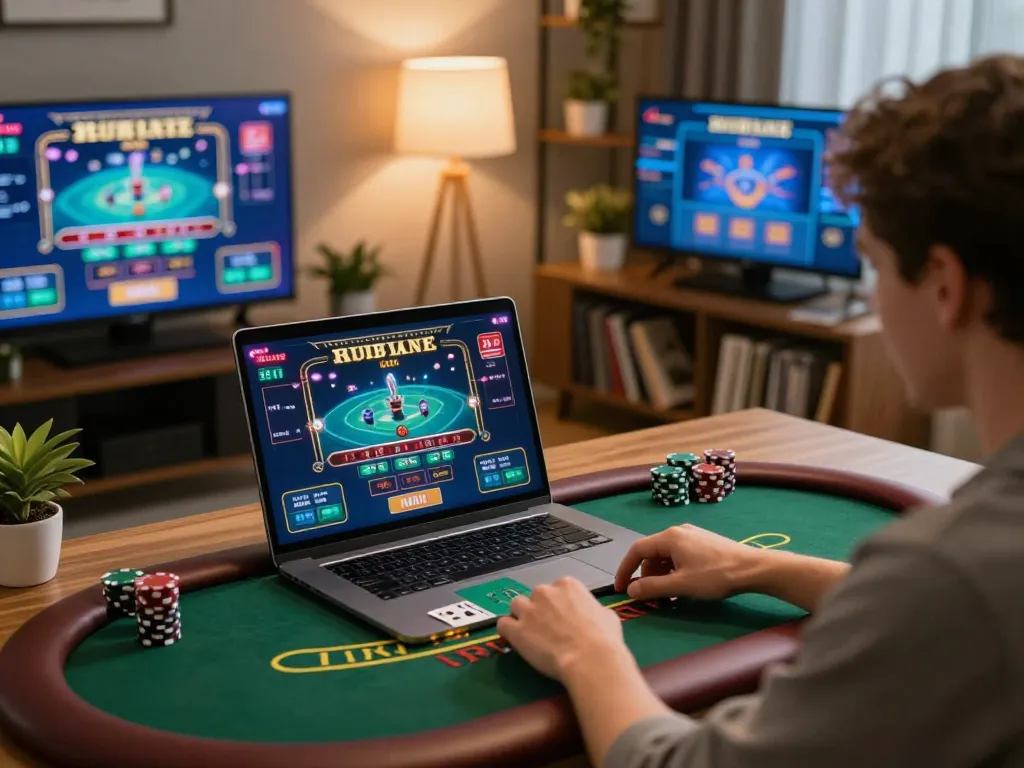 Engaging in online blackjack gameplay with NK88 on a laptop at home, showcasing excitement and strategy