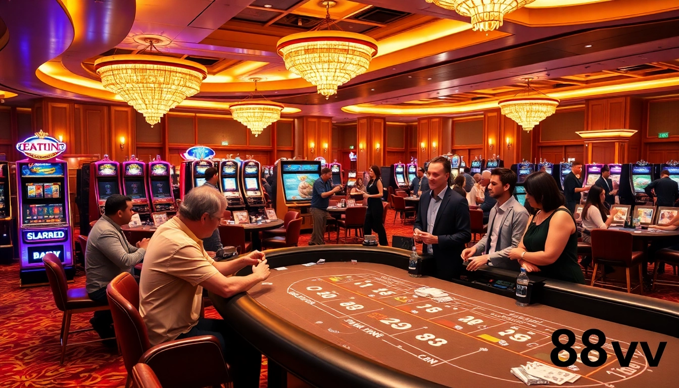 88vv players enjoying a thrilling casino game atmosphere with vibrant slot machines and poker.