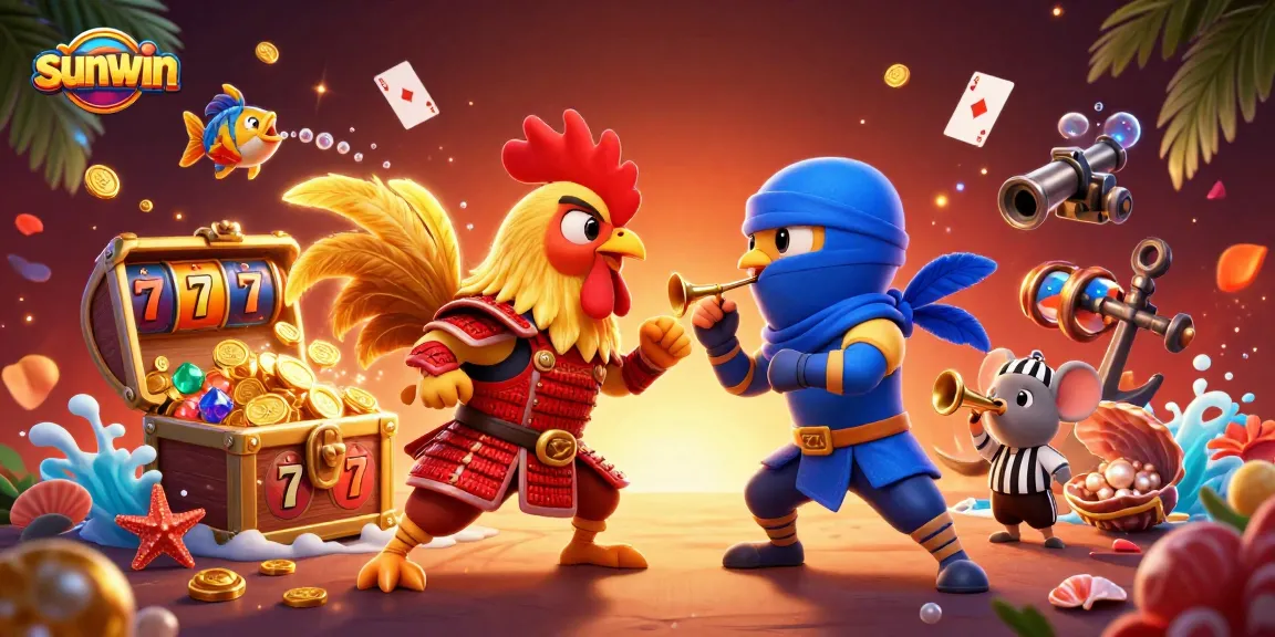 Experience thrilling gameplay with sunwin as twin fighting roosters meet amid a treasure-filled casino scene.