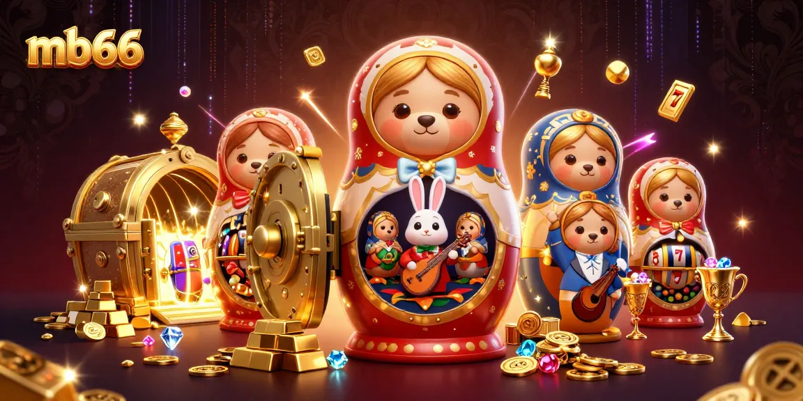Engage with mb66 casino thrills featuring a vibrant 3D scene of Matryoshka bears among jewels and slot machines.