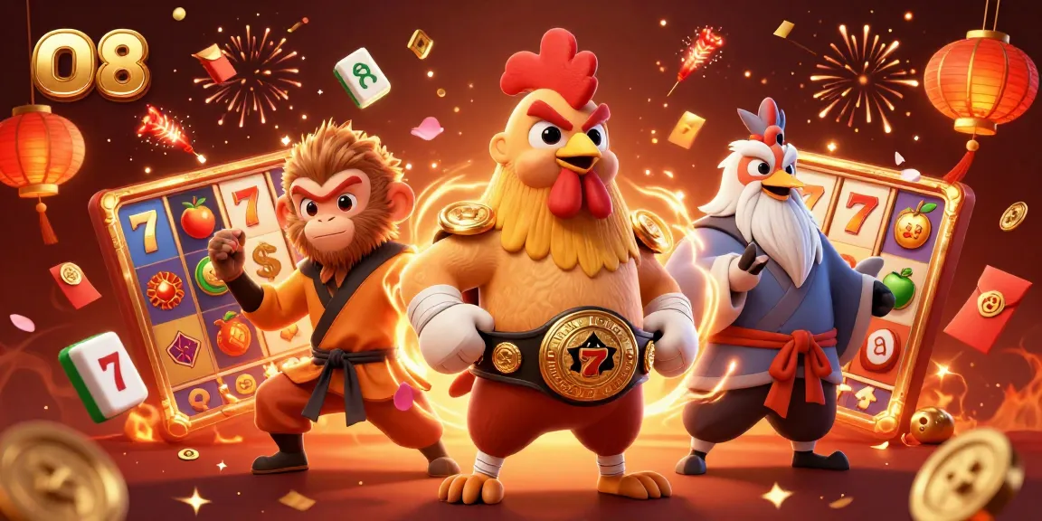 O8's fierce cartoon characters celebrating with slot symbols and festive elements in a vibrant casino scene.