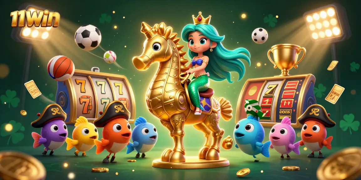 Experience 11WIN's thrilling casino adventure with a mermaid riding a seahorse amidst colorful slot reels and coins.