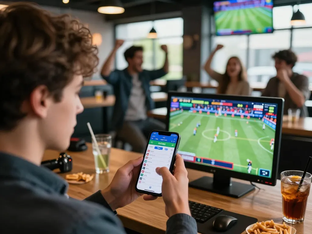 Nagabola sports betting scene with user checking live odds on smartphone, vibrant sports atmosphere.