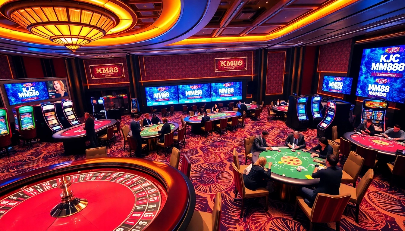 Engage with the thrilling KJC MM88 casino experience featuring vibrant gaming tables and slot machines.