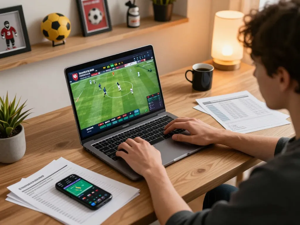 Lịch thi đấu bóng đá displayed on a laptop as a user engages in strategic sports betting.