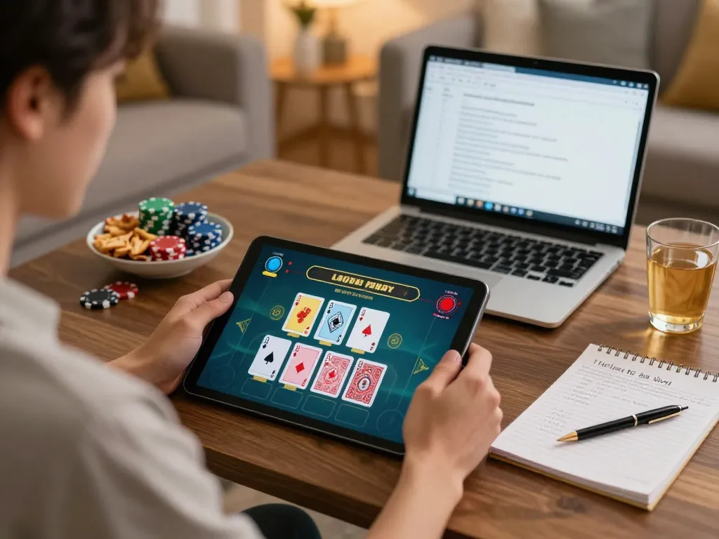 Player engaging in TR88 live blackjack on a tablet, showcasing exciting at-home gambling.