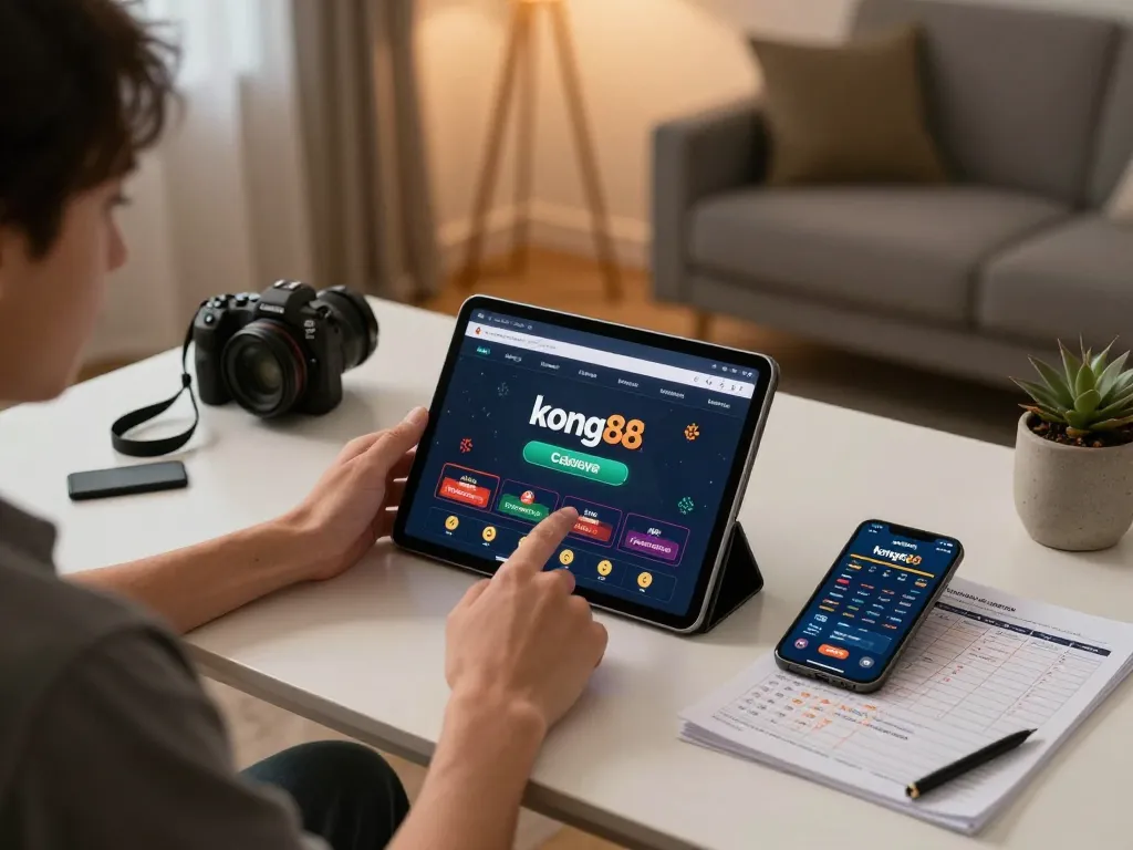 Player engaging with the kong88 casino app on a modern tablet, showcasing strategic online gambling.