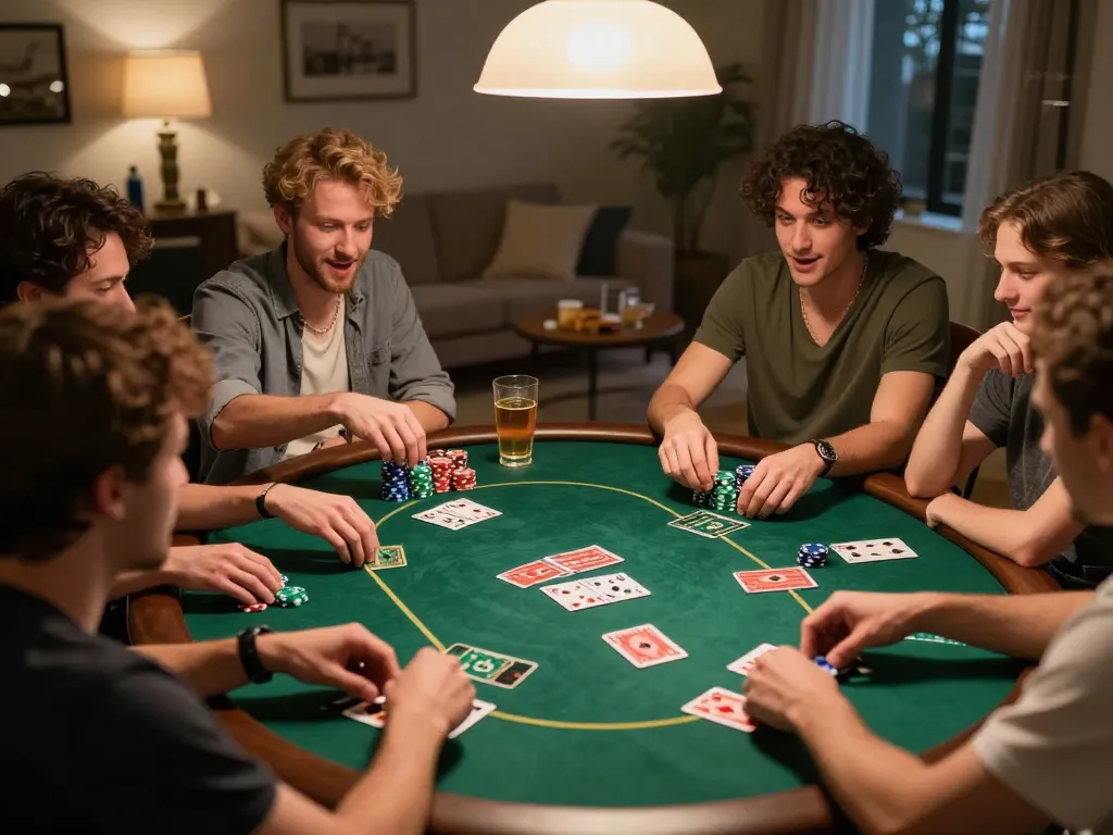 Exciting group playing Game bài đổi thưởng during home poker night, showcasing camaraderie and strategic gameplay.