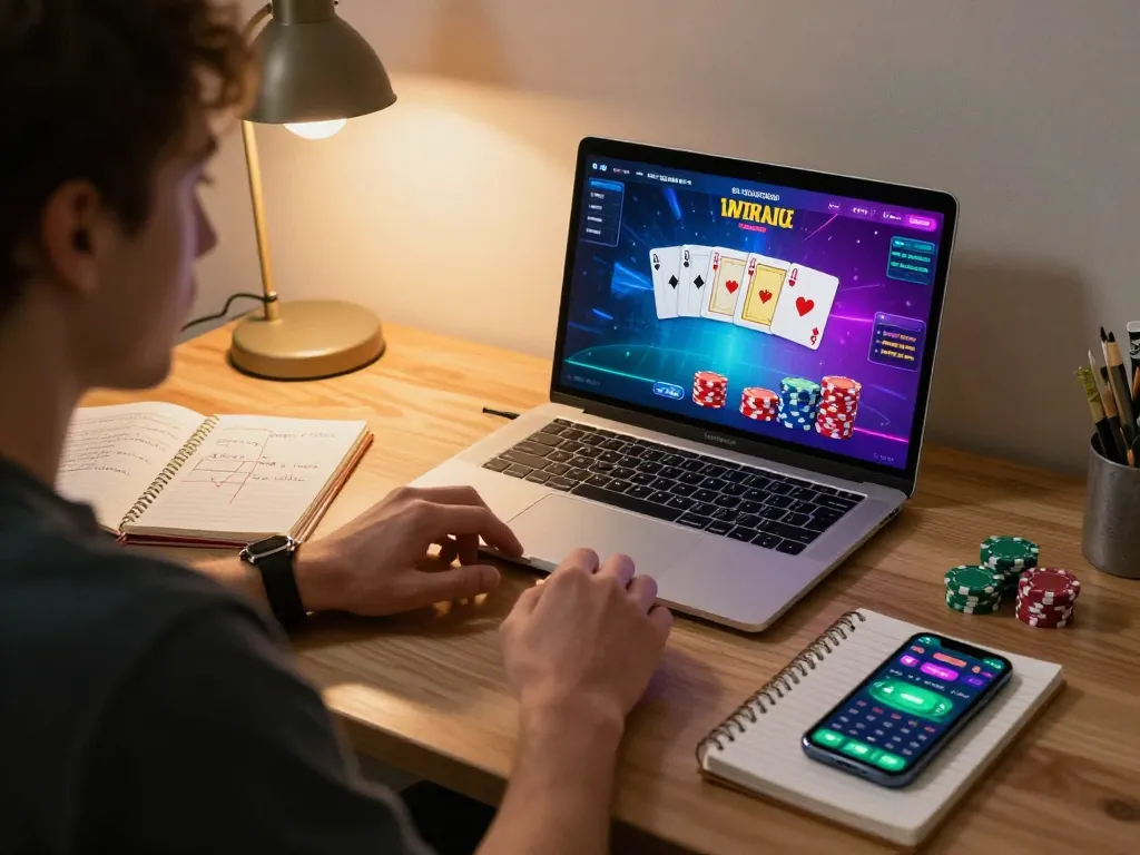 Engaging online poker play with nk88 interface on laptop, showcasing strategy in home setting.