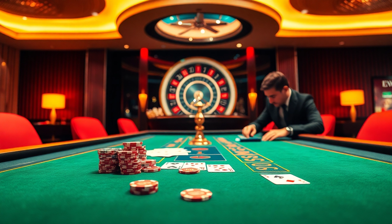 Engaging scene of Live Casino 69VN with dealers and poker players, depicting an exciting gaming experience.