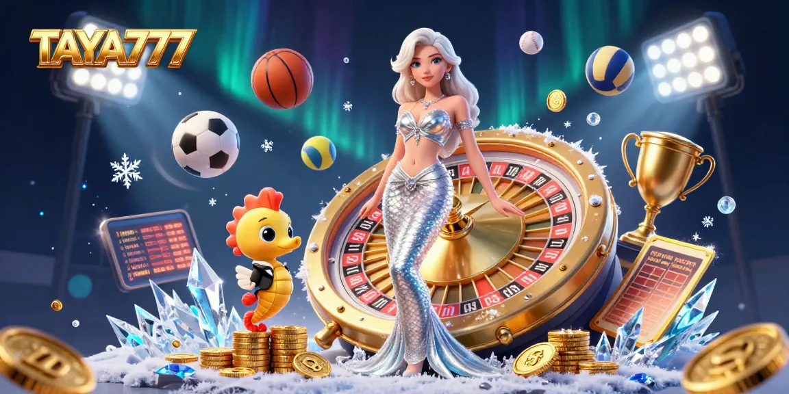 TAYA777 showcases a stunning gaming scene with a glamorous character by a golden roulette wheel, enhancing the thrill of betting.
