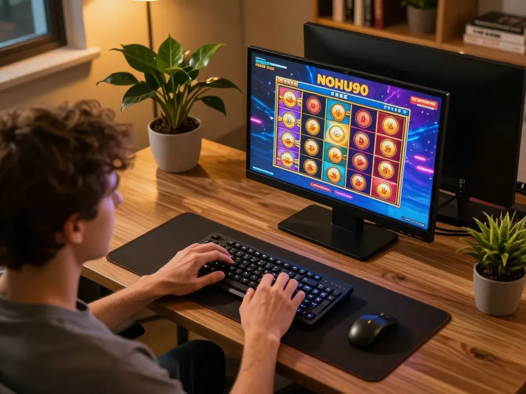 Engaging online gaming setup showcasing NOHU90 gaming interface with vibrant slot machines.