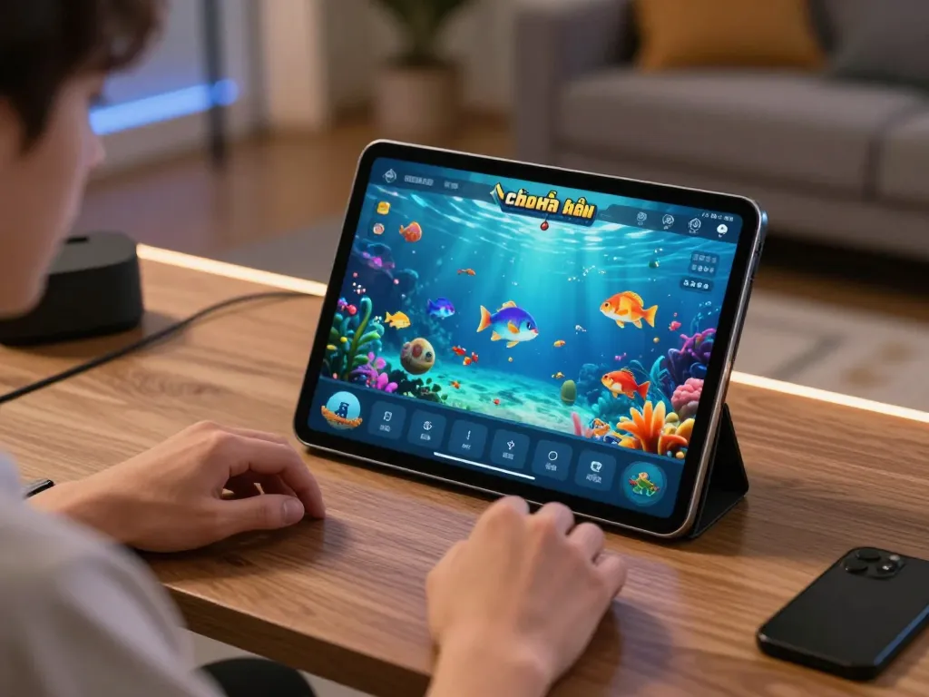Engaging player immersed in bắn cá đổi thưởng game on tablet, showcasing vibrant underwater action