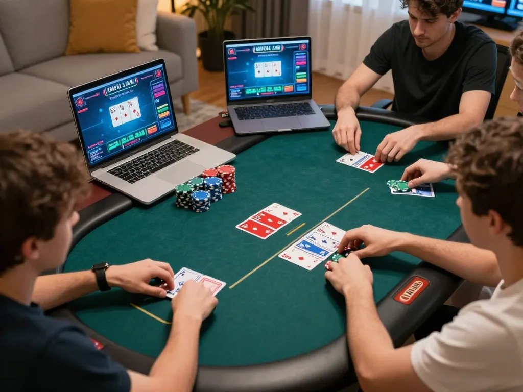 Players engage in online poker at an lc88 gaming interface, showcasing strategic bets and community cards.
