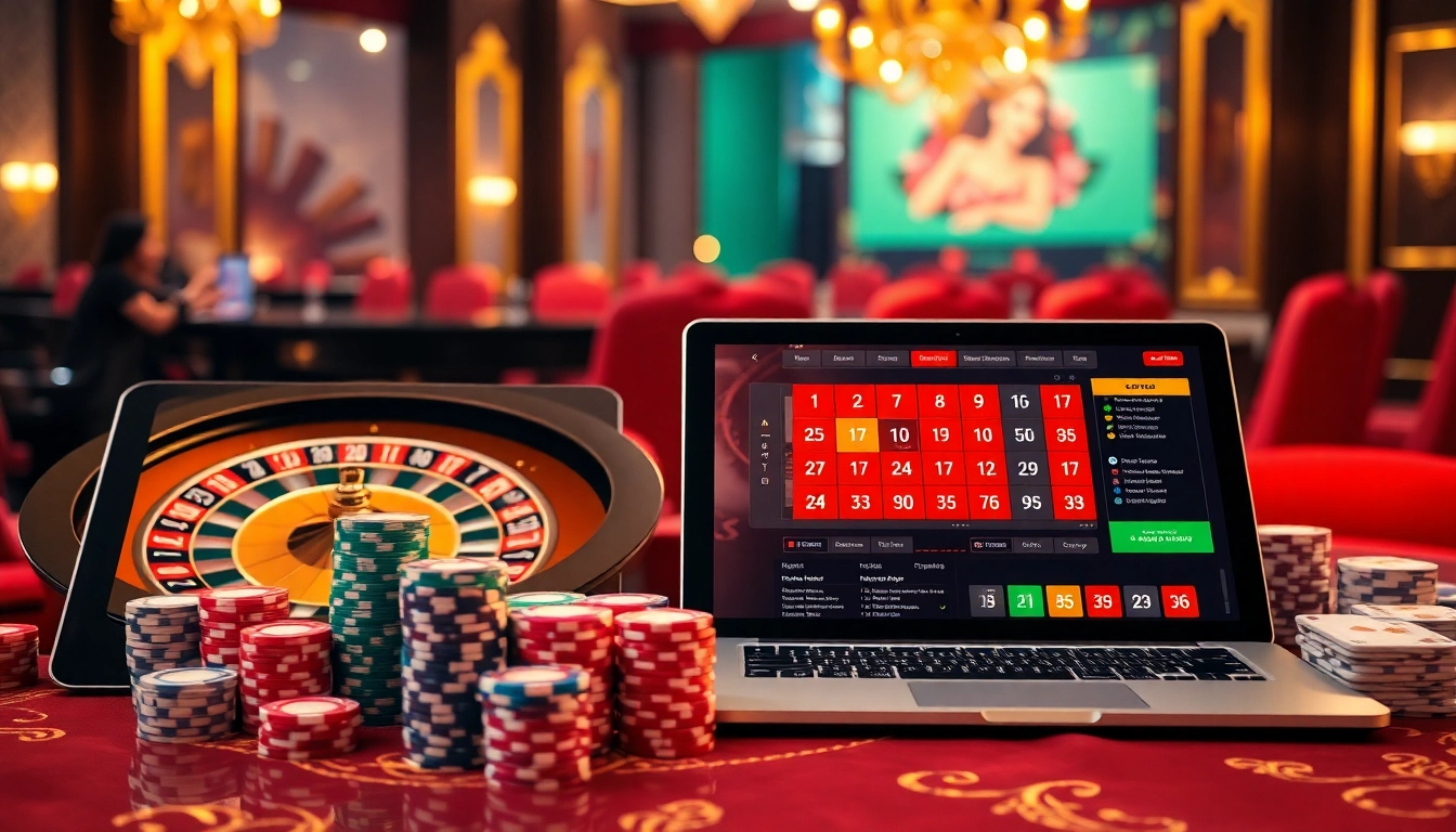 Engage in thrilling bets at Trang Chủ XIN88 with vibrant casino tables and poker chips.