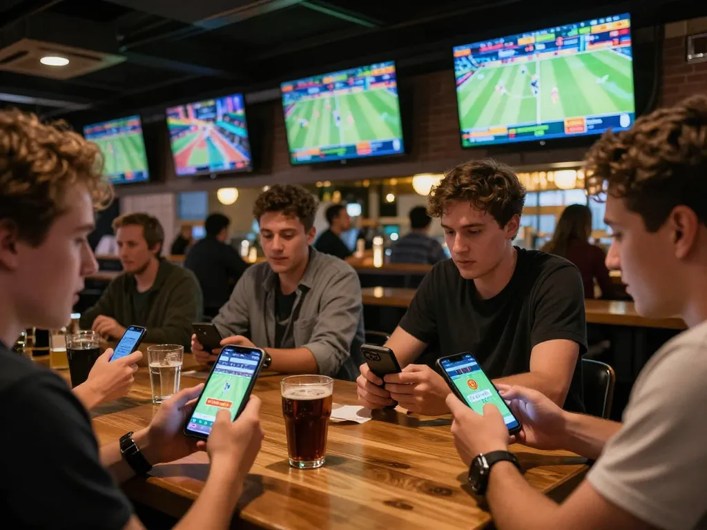mm88 users enjoying live sports betting with smartphones in a lively sports bar environment