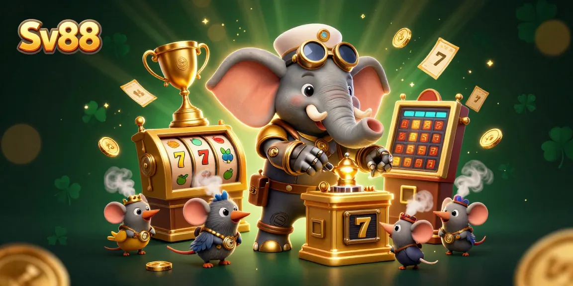 Experience thrilling jackpots and excitement at Sv88 with a dynamic steampunk scene filled with slot machine elements and gold coins.