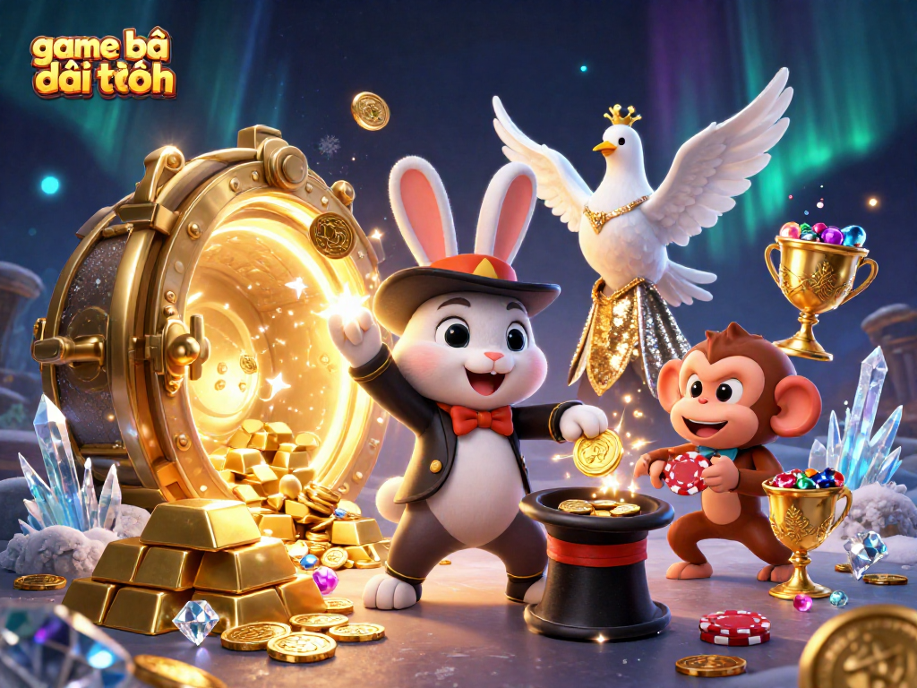 Experience game bài đổi thưởng excitement with a magician rabbit, a dove, and a monkey in a rich casino scene.