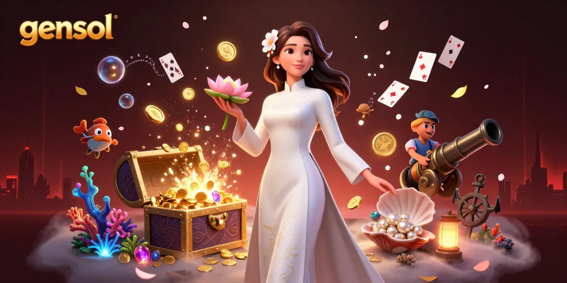Experience gensol's elegance with a serene Asian woman surrounded by gambling treasures.