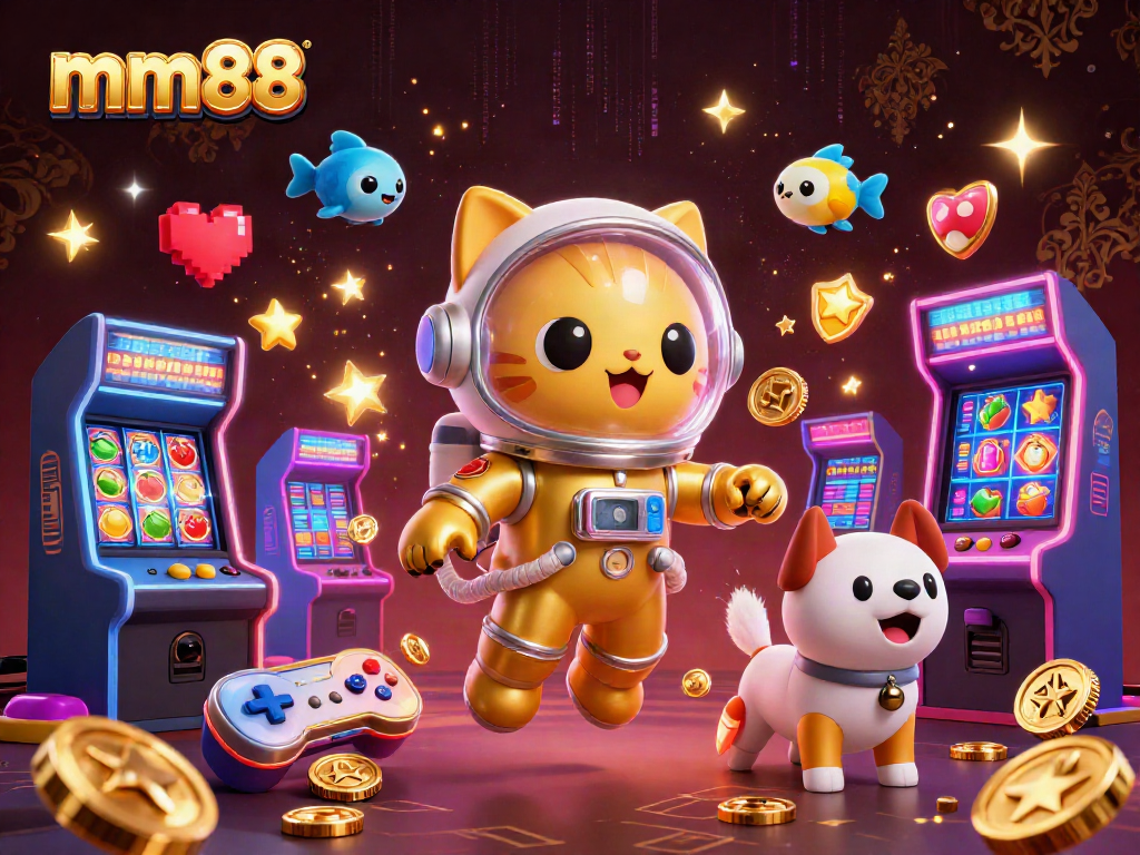 Engage with mm88's vibrant casino universe featuring a golden astronaut cat amidst game reels and retro arcade elements.