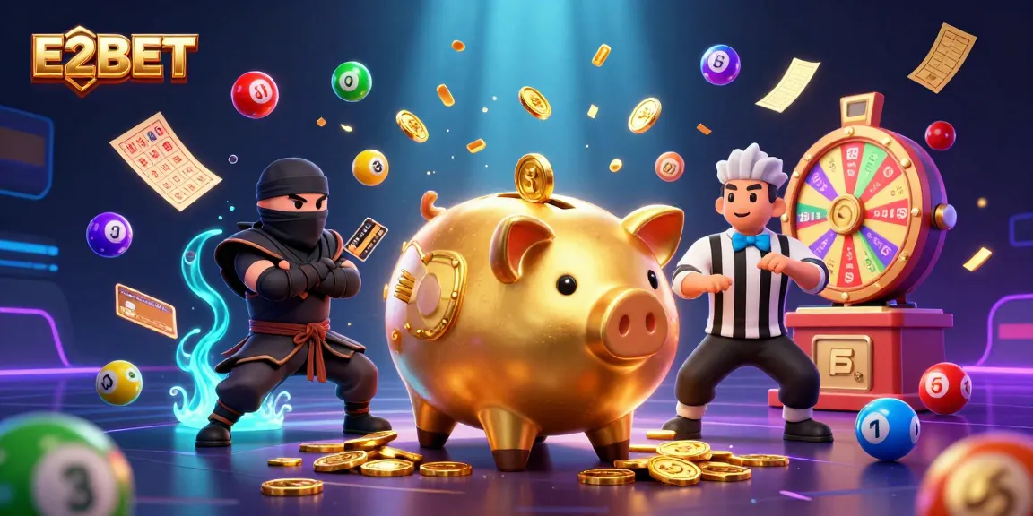 E2BET features a dynamic 3D casino crossover with a golden piggy bank and colorful lottery elements.
