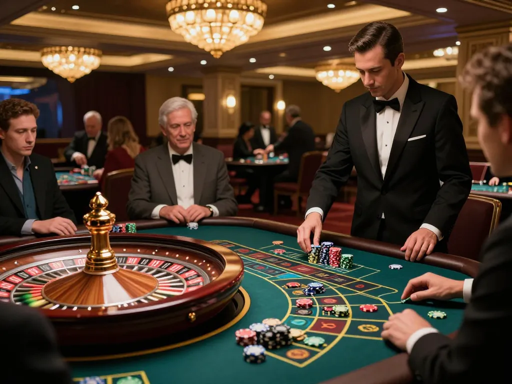 SC88 players analyzing chips and bets at an elegant roulette table in a vibrant casino.
