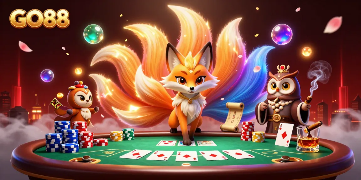Engage with GO88's vibrant gaming world featuring a mystical nine-tailed fox and wise owl among poker game elements.