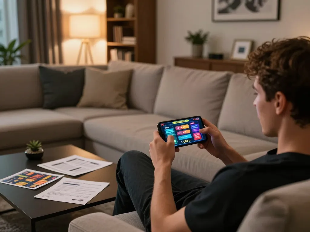 Player immersing in SC88 online gaming with smartphone in a cozy living room, showcasing enjoyment and strategy.
