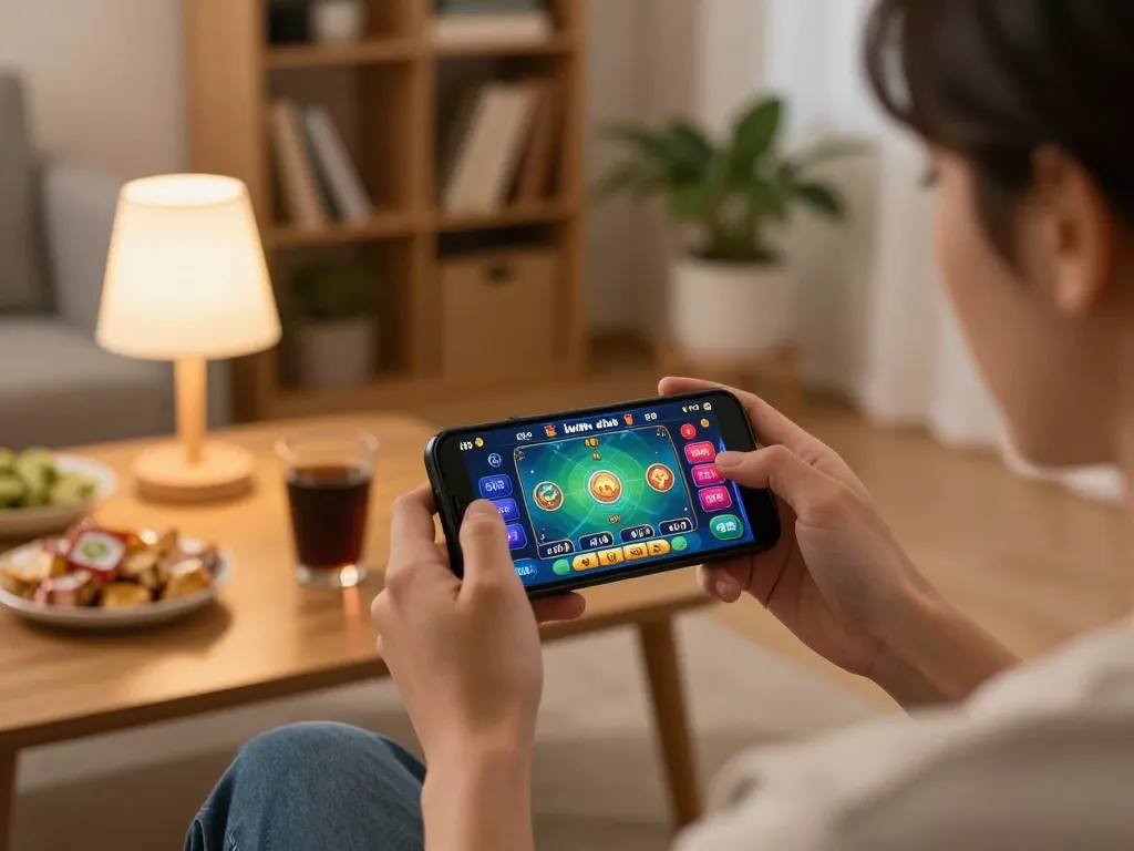Engaging moment of playing iwin club on a smartphone in a cozy home setting