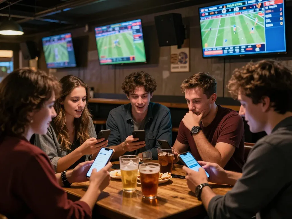 Engaged bettors using LuckyWin app during an exciting sports game at a lively bar