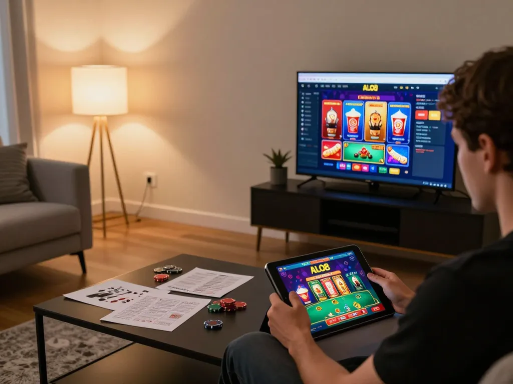 Player enjoying ALO8 gaming experience on tablet in cozy modern setting, vibrant screens visible.