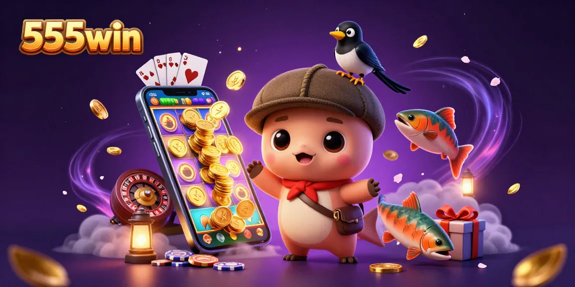 Experience the excitement of 555win with a vibrant 3D illustration showcasing thrilling casino elements.