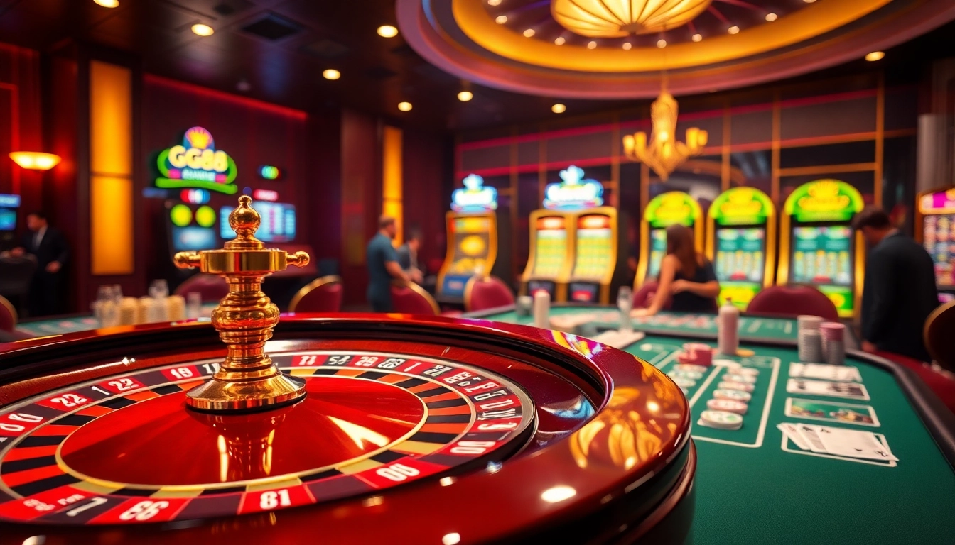 Experience the excitement of gg88 with vibrant casino games and players engaging in thrilling bets.