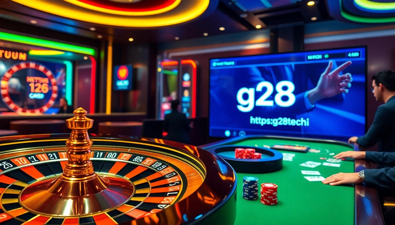 Experience the thrill of betting at https://g28.tech/ with vibrant casino visuals, poker tables, and roulette wheels.