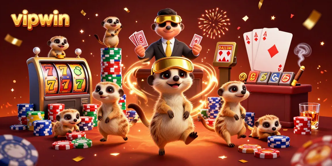 Win big at vipwin with vibrant meerkats enjoying slot machines and chips in a lively casino.