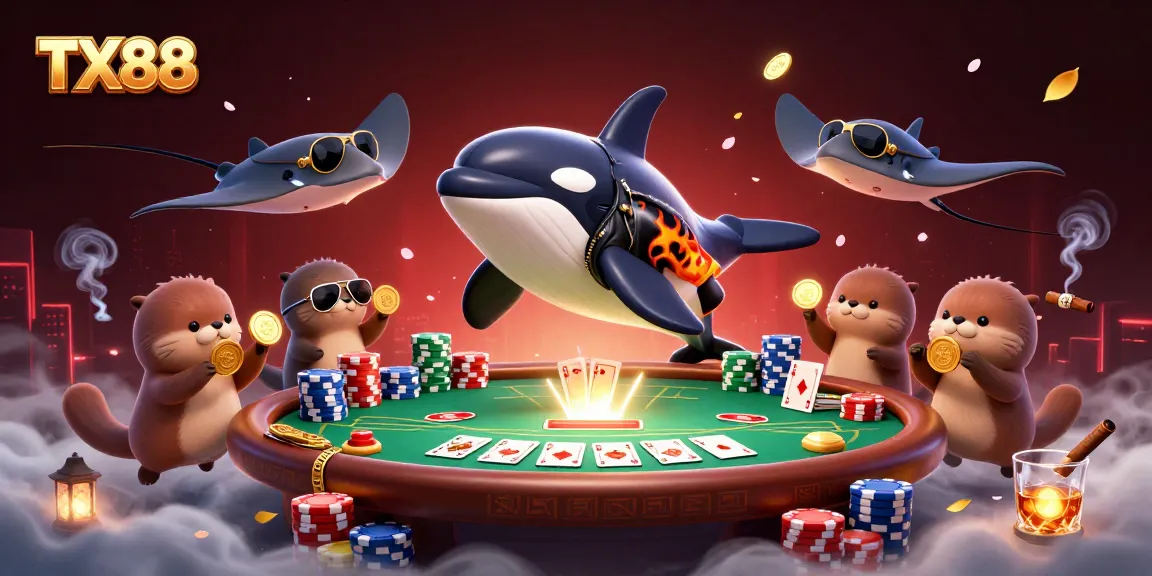 Experience the thrilling excitement of TX88 with a lively orca and sea otters gaming together at the poker table.