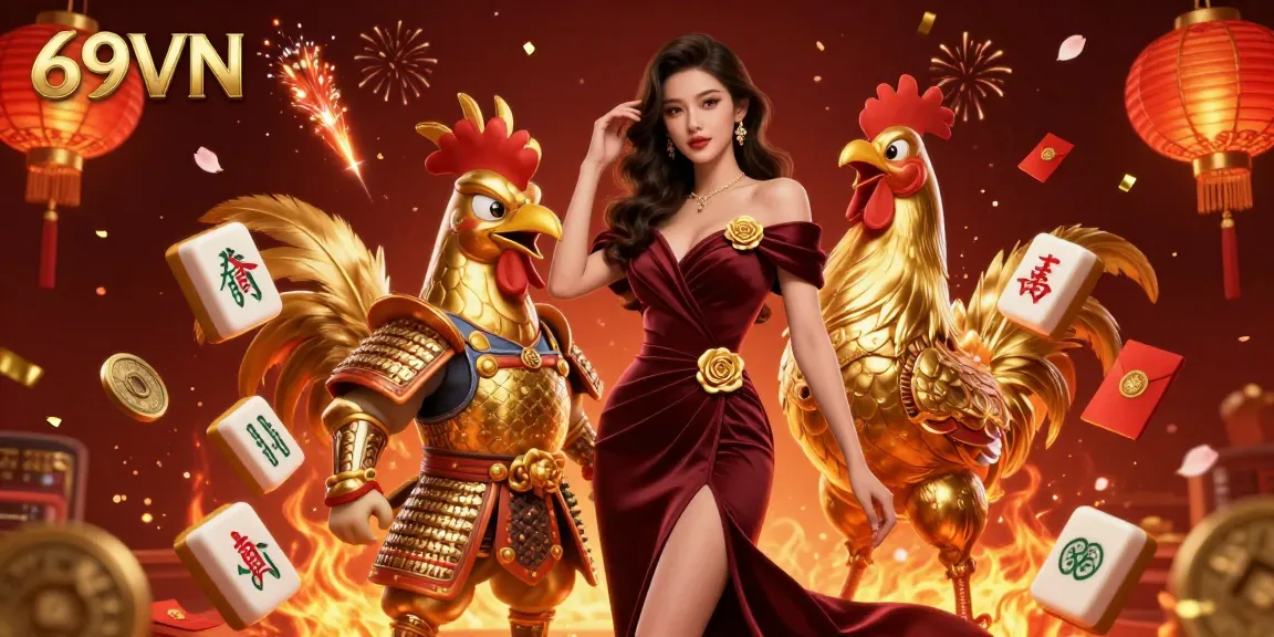 Experience the thrill of high-stakes gameplay at 69VN, illustrated through glamorous characters amidst casino-themed elements.