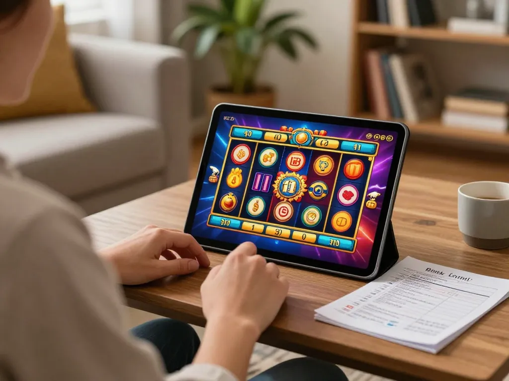 Player immerses in a thrilling slot game on their tablet with vu88, showcasing a cozy gaming atmosphere.