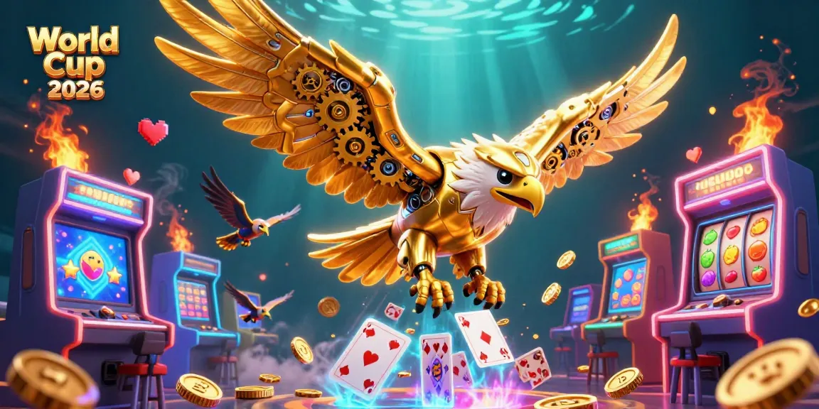 Experience the thrill of gambling with World Cup 2026 featuring a vibrant 3D eagle amidst slot machines and glowing cards.